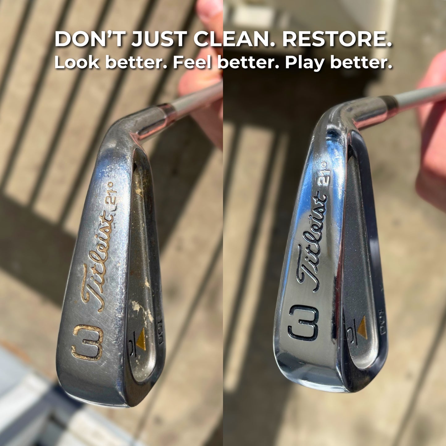 Before and after results of using club doctor golf club care kit