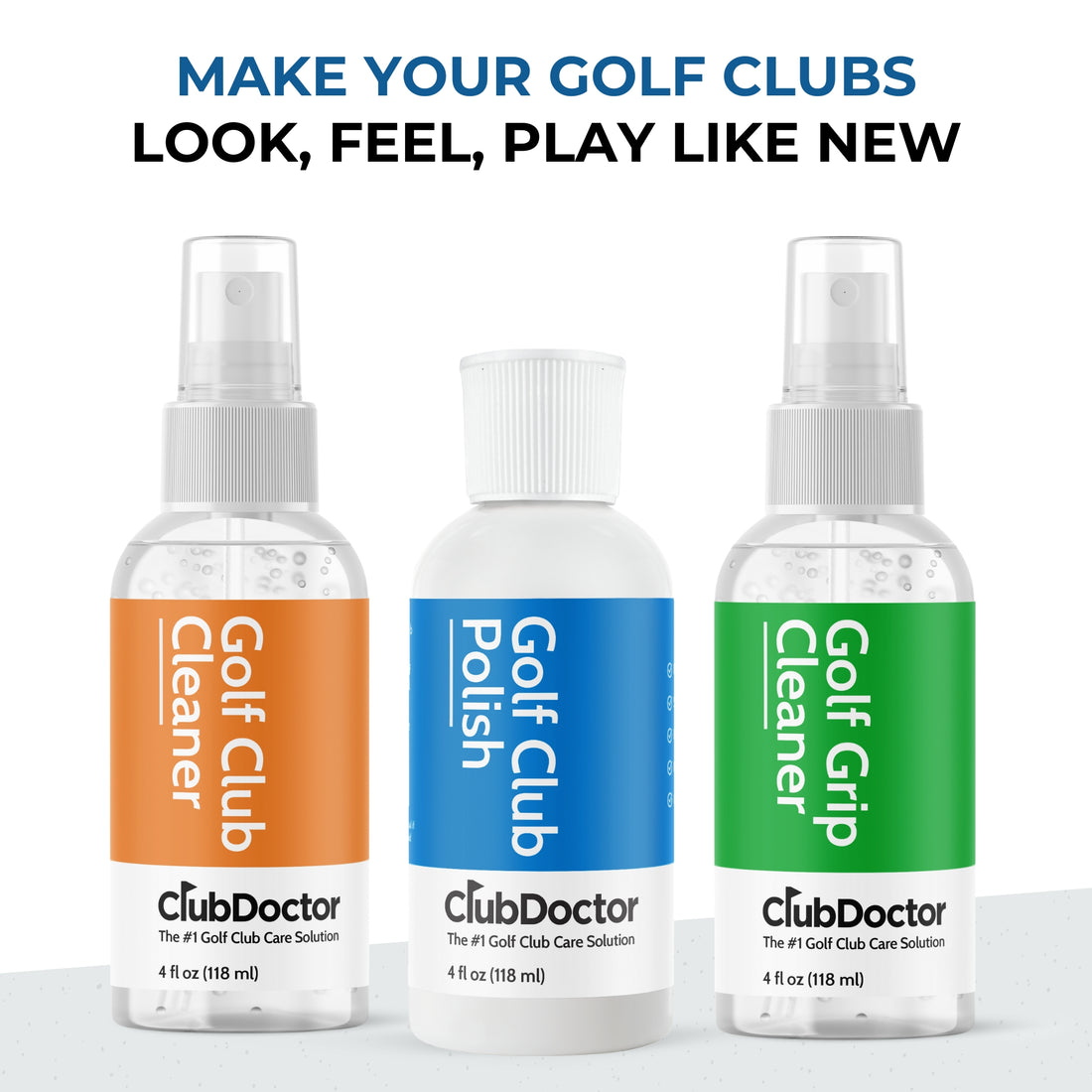 Golf Club Cleaner, Golf Club Polish and Golf Grip Cleaner bottles on a white background