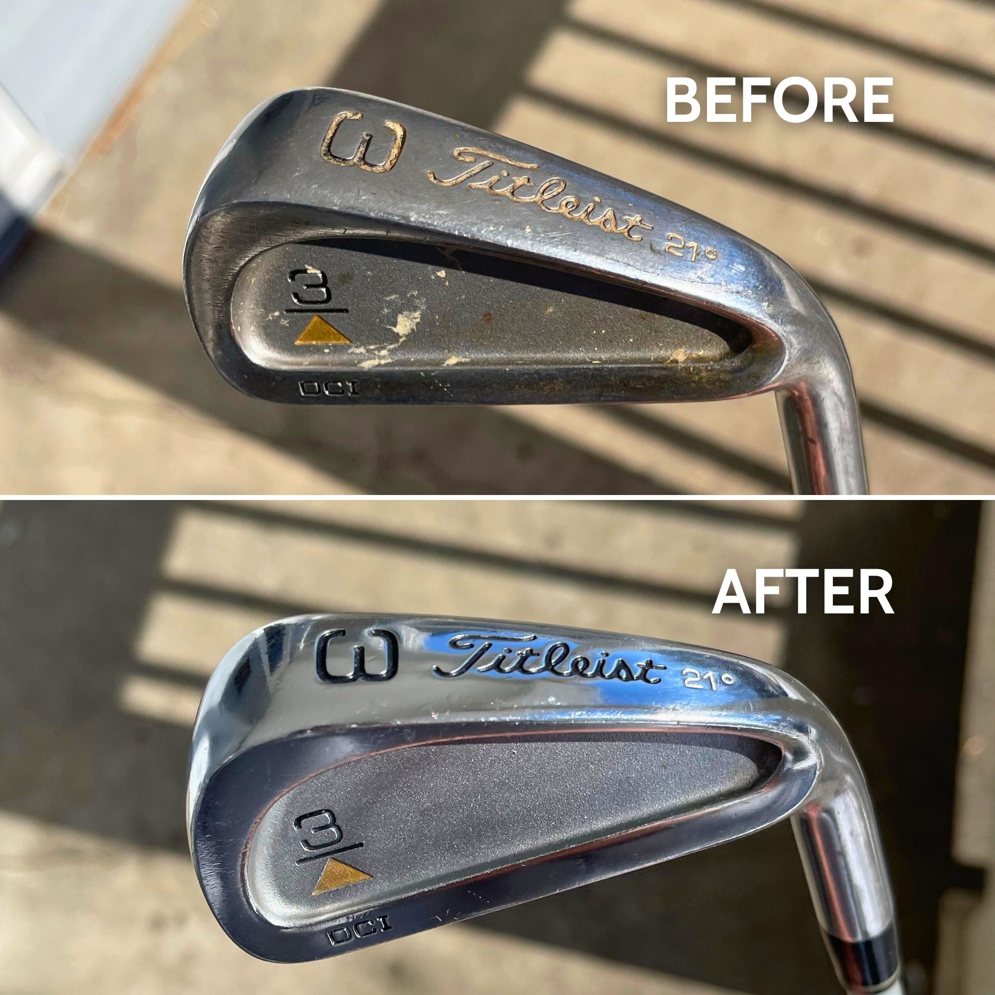 Before and after comparison of a golf club, showing noticeable improvement in cleanliness and shine after using Club Doctor's Golf Club Care Kit.