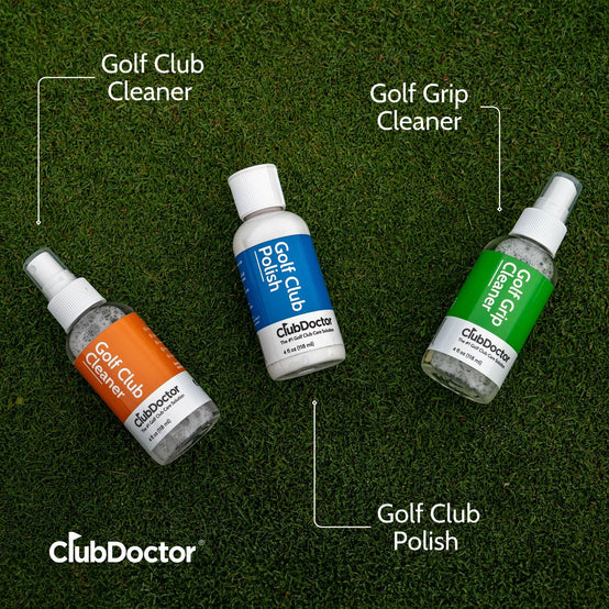 Golf Club Care Kit by Club Doctor, displaying bottles of cleaner, polish, grip cleaner, a cleaning brush, premium towel, and leather valuables bag on a clean background