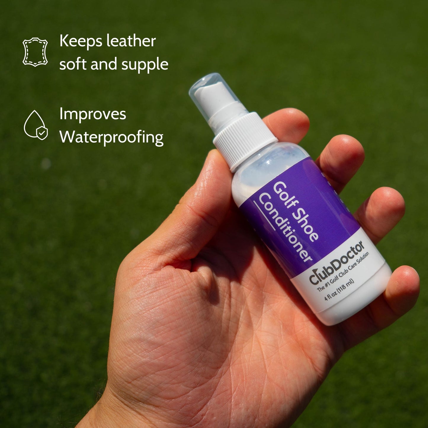 holding club doctor golf shoe conditioner in hand