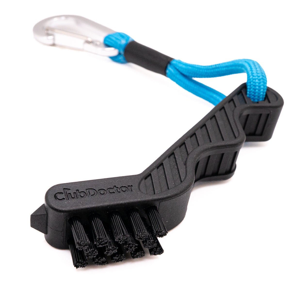 Compact Club Doctor golf brush with blue cord and bag carabiner