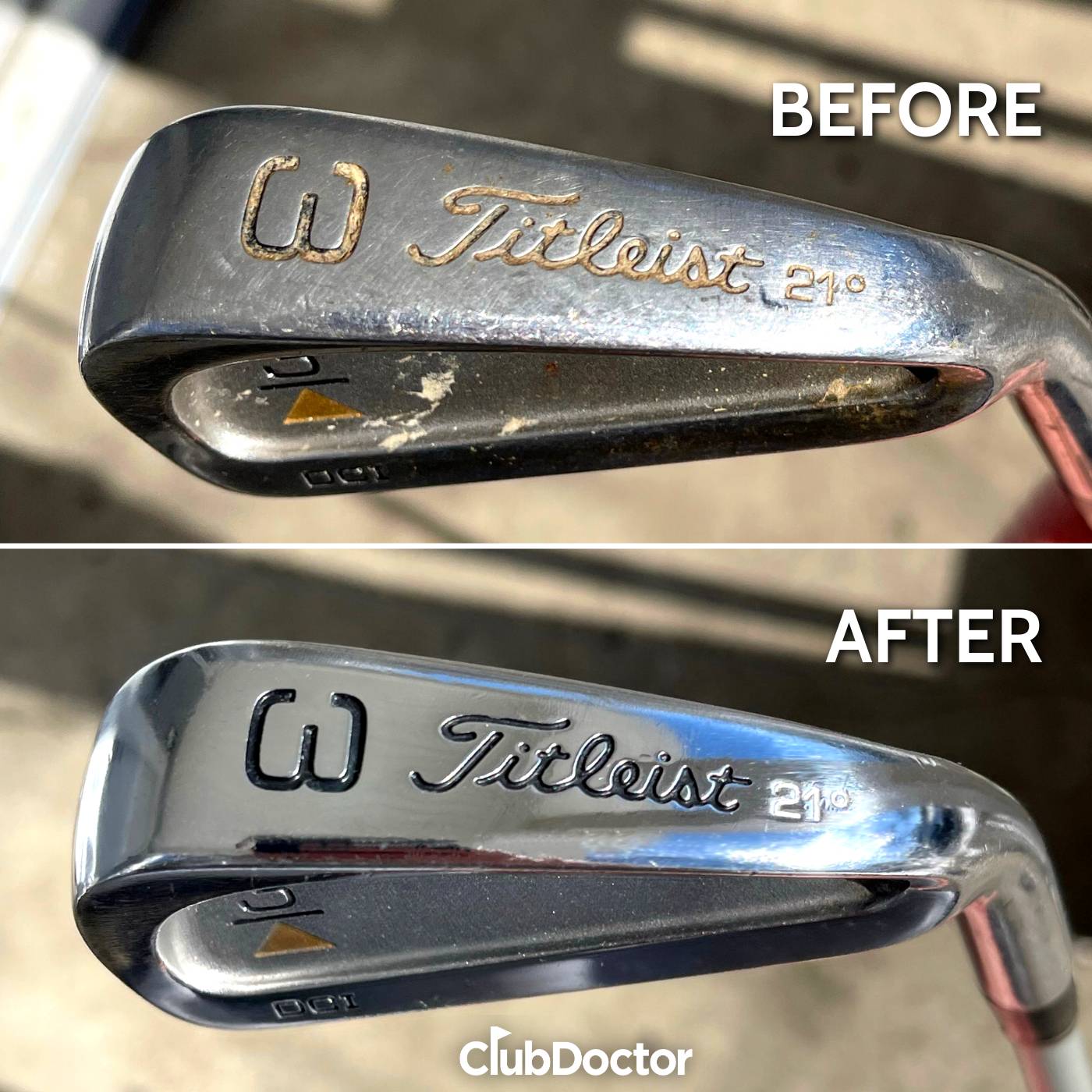 before and after of a titleist 3 iron golf club that was polish using club doctor golf club polish
