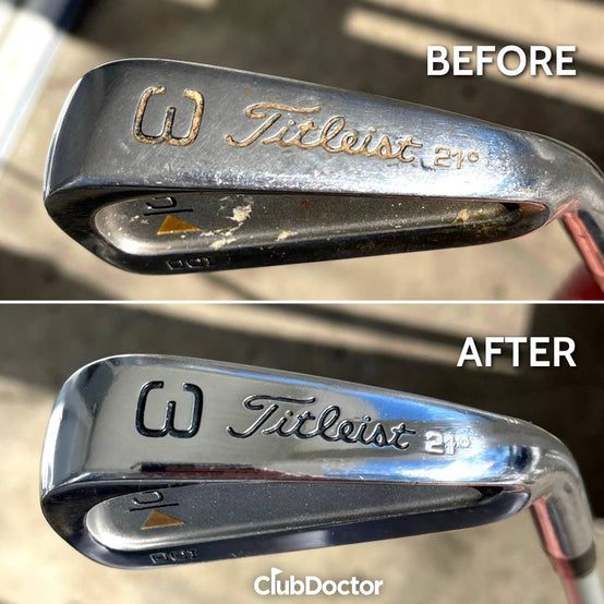 before and after of a titleist 3 iron golf club that was polish using club doctor golf club polish