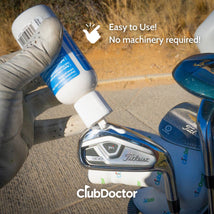 a photo showing how club doctor golf club polish is applied to a golf club