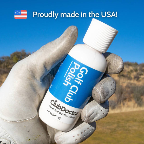 a photo of the club doctor golf club polish bottle being held and shown that the product is made in the USA